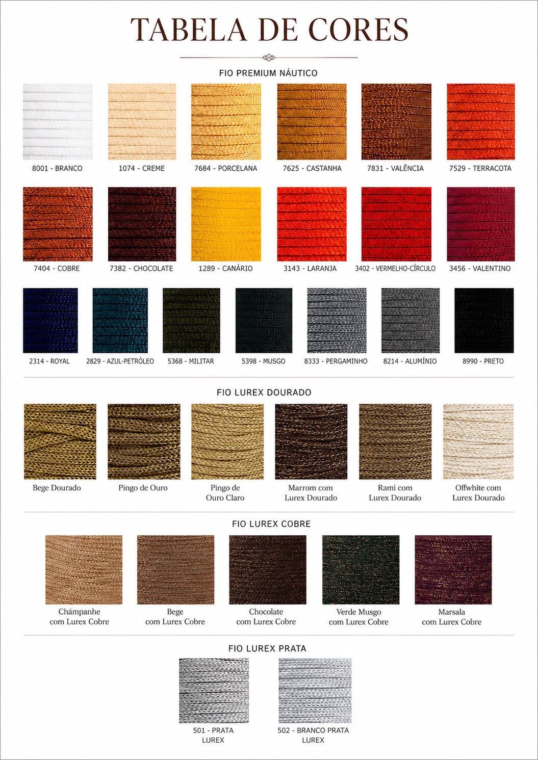 Tabela de cores oficial Natalia Silveira — Fio Premium Náutico e linhas Lurex Dourado, Cobre e Prata